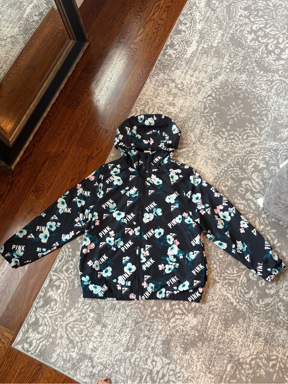 PINK Victoria's Secret Black Floral Hooded rain Jacket